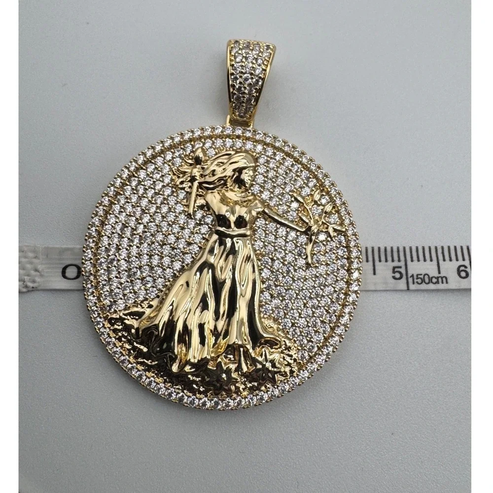 14K Gold Plated Iced Out Lady Medallion Pendant Round CZ Hip Hop Jewelry